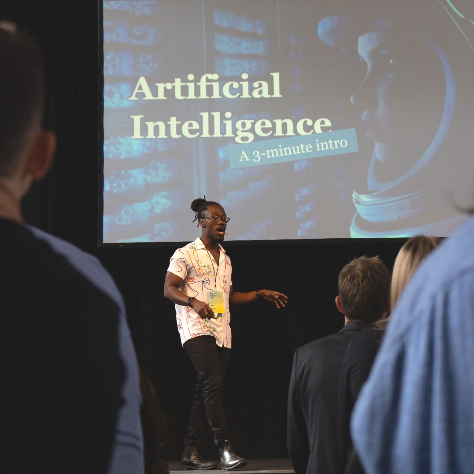 Tey Bannerman on stage in 2019 talking about AI
