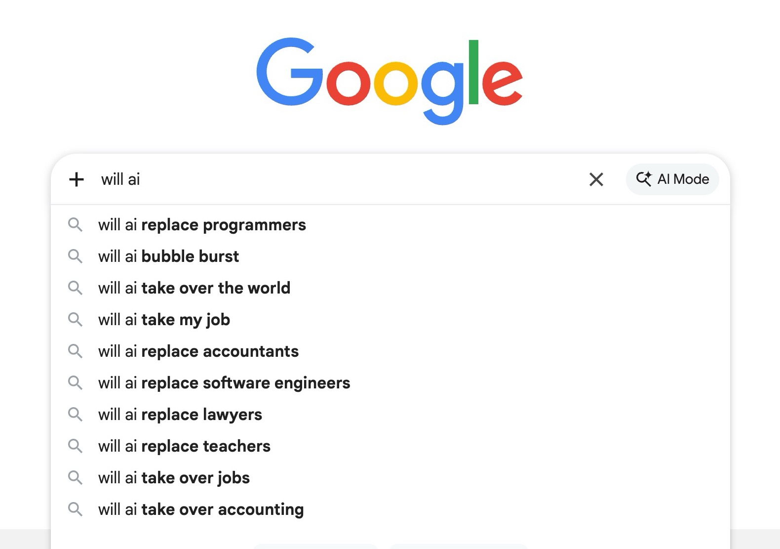 'Google search suggestions for "will ai", March 2026'